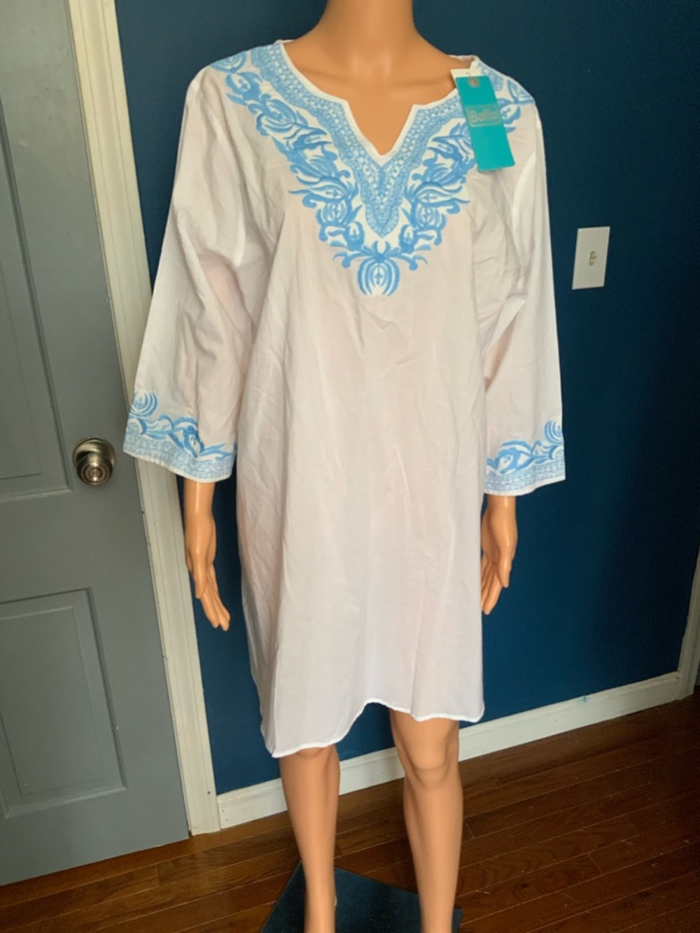 White Tunic Dress with Sky Blue Embroidered Yoke